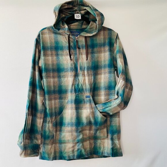 Vintage Pendleton Mens Green Plaid Hooded Wool Shirt Size S - Picture 1 of 7
